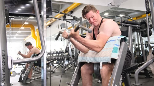 Muscular man performing seated dumbbell biceps curls on a preacher bench in modern gym, concept of bodybuilding, strength training, muscle growth, fitness motivation, discipline and healthy lifestyle.