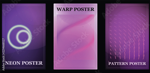 Futuristic purple neon poster set, abstract warp poster templates vector, modern purple geometric pattern poster background design
