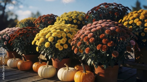 Autumn pumpkins and colorful chrysanthemum flowers arranged on a
