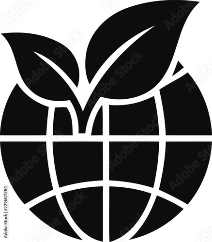 Black and white icon of a globe with leaves representing environmental sustainability and global nature conservation efforts