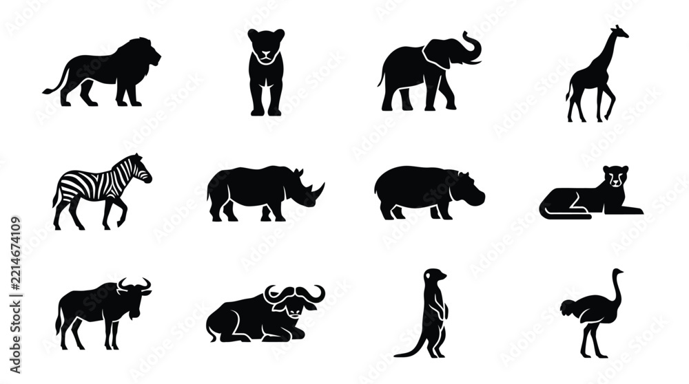 Fototapeta premium Black and White Silhouette Icons of Various African Wildlife Animals