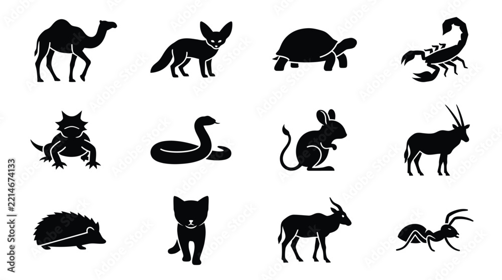 Fototapeta premium Black and white silhouette icons of various desert and wild animals
