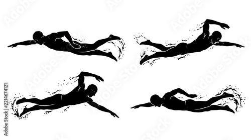 Four swimmers in synchronized butterfly stroke