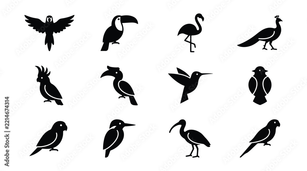 Fototapeta premium Black and White Silhouette Vector Icons of Various Bird Species on Transparent Background