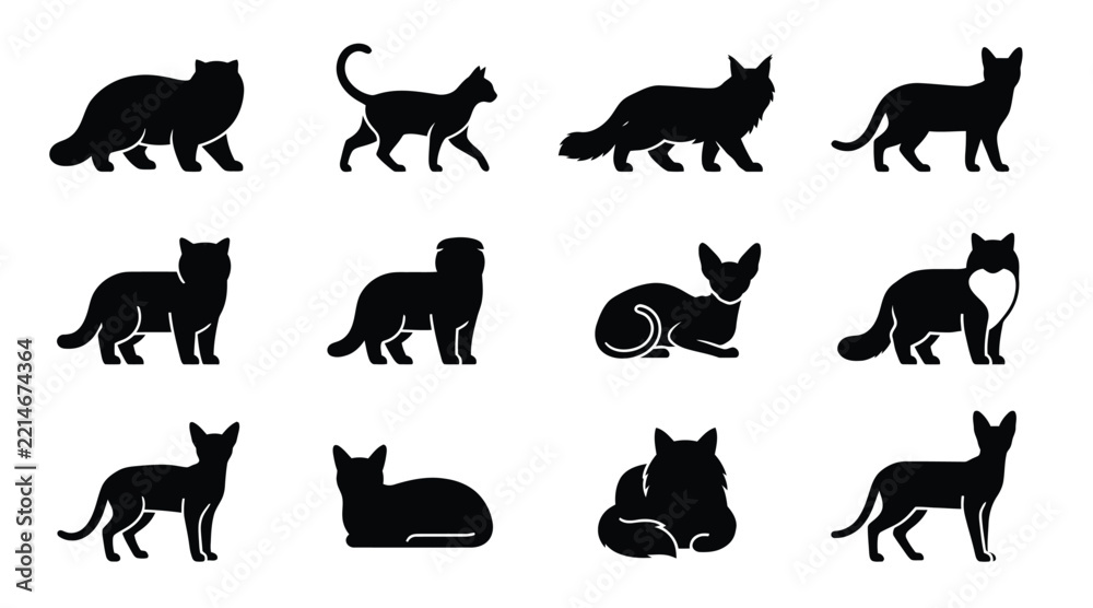 Obraz premium Collection of black silhouette cats in various sitting and standing poses