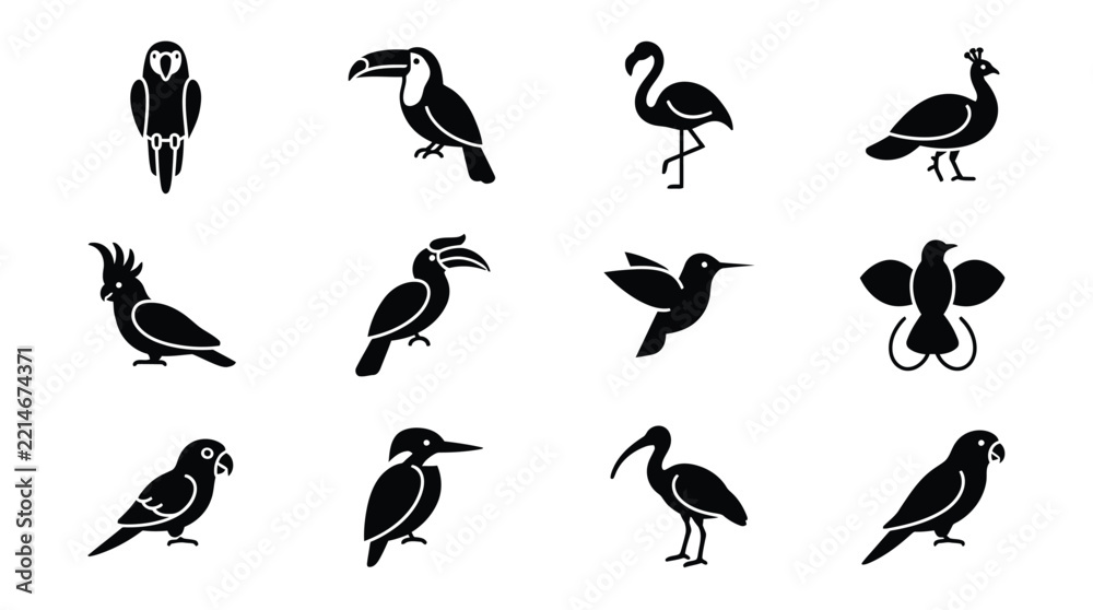 Fototapeta premium Collection of stylized black silhouette birds with transparent background for various uses