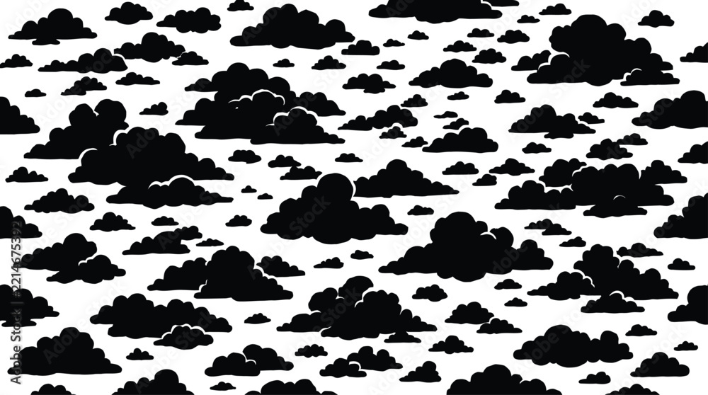 Fototapeta premium Black and white hand drawn sketch pattern of fluffy clouds isolated on a white background