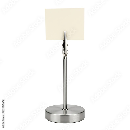 Metal card holder stand with a blank paper note isolated on transparent background