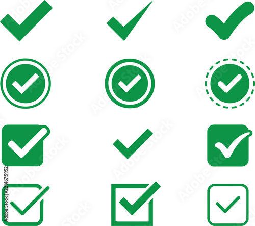 Set of green check mark icons and tick symbols for survey and web interface buttons