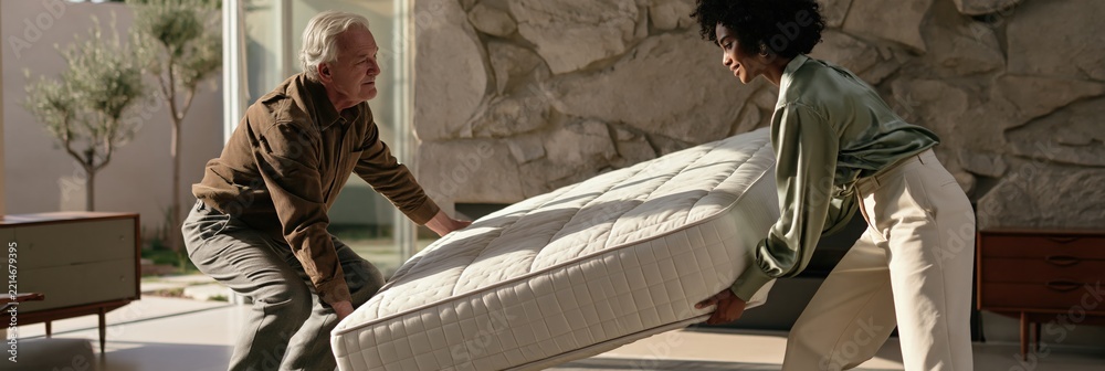 Naklejka premium Two people lifting a mattress in a modern living room interior for furniture delivery banner and home staging background