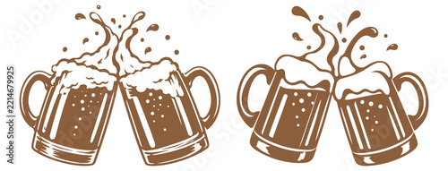 Clinking Beer Mugs with Splashing Foam Cheers Vector Illustration.