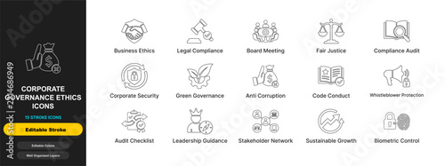 Corporate governance ethics line icon set with editable stroke. Business ethics, legal compliance, board meeting, fair justice, compliance audit, corporate security for web ui design.