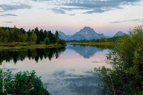 Mount Moran Reflected in Oxbow Bend at Dawn in Grand Teton National Park