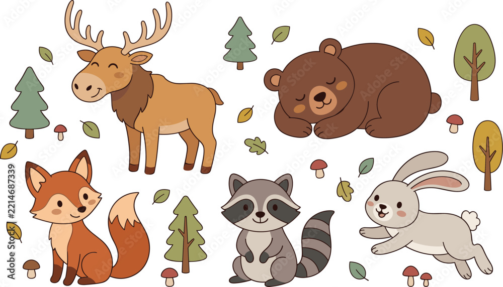 Obraz premium Woodland forest animals set with moose bear fox raccoon and rabbit among autumn foliage