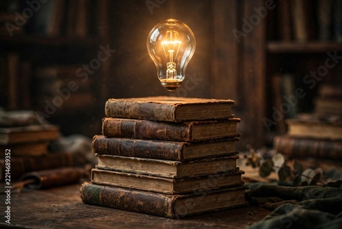 Stack of old books with a glowing lightbulb rising above them in a cozy study