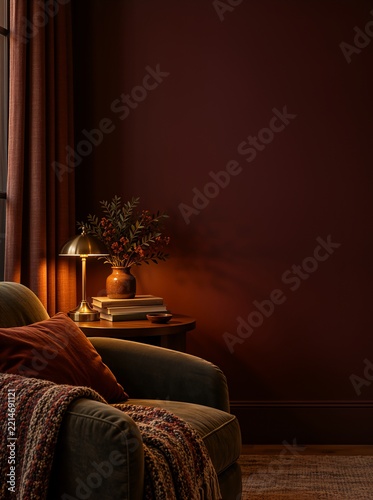 Cozy reading nook with a warm lamp illuminating a stack of books and a vase of foliage on a small side table next to an armchair draped with a textured blanket and a rust-colored pillow, dark moody