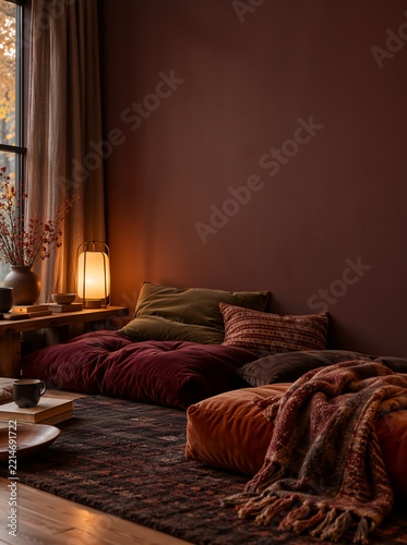Cozy burrowcore floor cushion arrangement with plush pillows and a warm blanket on a patterned rug, illuminated by an ambient lamp, with a window view of autumn trees