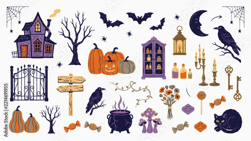 Halloween Vector Clipart Collection with Pumpkins Bats Potions and Candles