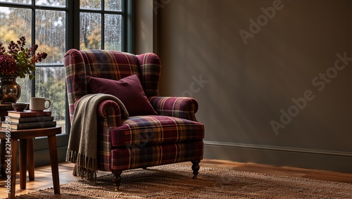 Cozy wingback armchair upholstered in red, green, and yellow plaid fabric, placed by a large window with raindrops on the glass, autumn foliage visible outside, warm interior lighting, comfortable