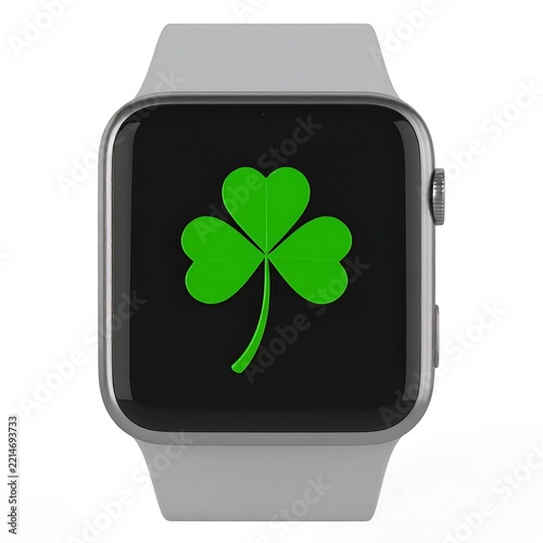 Smartwatch with green shamrock displayed on screen