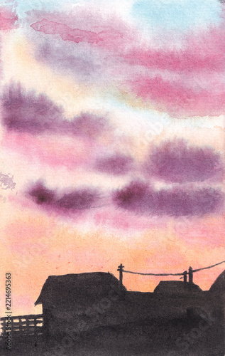 colorful sunset in the countryside with silhouettes of houses painted in watercolor