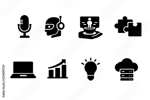 Emerging Tech Icon Set. Emerging technology talk. Filled icon set of Emerging technology talk: microphone,