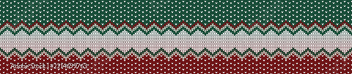 Horizontal Christmas knit border pattern with red and green zigzag ornament on grey background