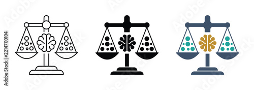 Brain Scale Balance Icon Set in Outline Silhouette and Color