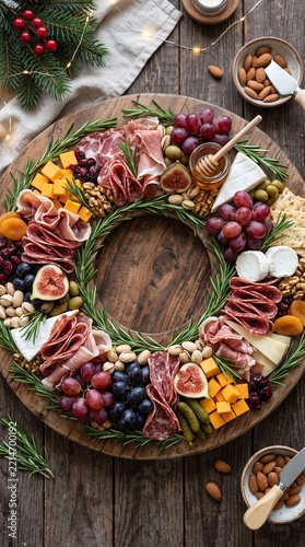 Festive holiday cheese and charcuterie platter with grapes nuts and herbs on wooden board