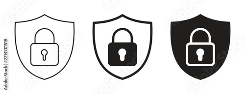 Security Shield and Padlock Icon Set in Outline and Silhouette