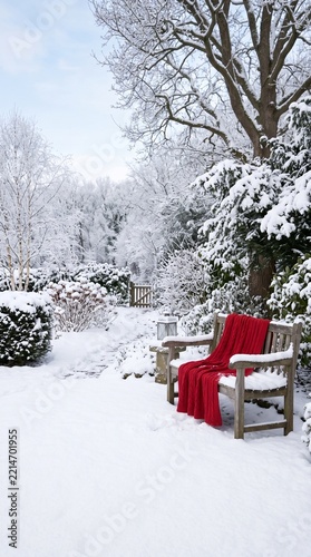 Serene winter garden scene with snowcovered trees and a cozy wooden bench draped with a red blanket