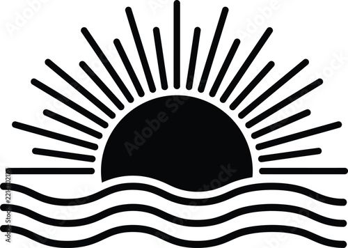 Sunrise ocean silhouette vector. Sun waves vector icon