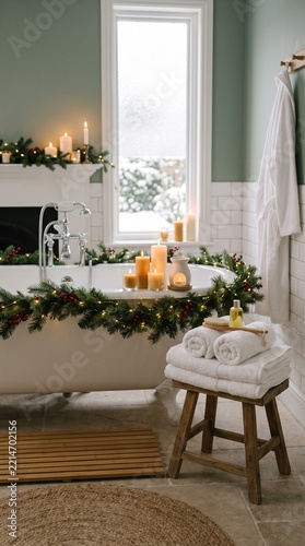 Cozy holiday bathroom with decorated bathtub, candles, and festive garland