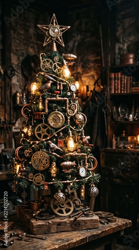 Steampunkinspired christmas tree decorated with gears, vintage clocks, and warm edison bulbs