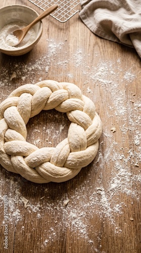 Unbaked braided bread dough on wooden surface with flour and baking tools