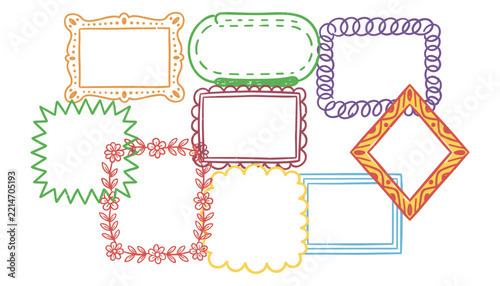 Colorful hand drawn doodle photo frames collection with geometric floral and cute border borders isolated on white