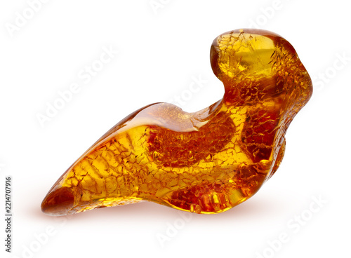 Flawlessly clean retouched macro shot of unique animal shaped amber stone isolated on white background as premium ready to use design asset