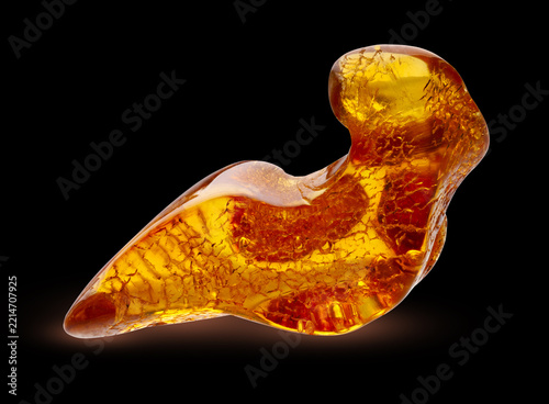Flawlessly clean retouched macro shot of unique animal shaped amber stone isolated on black background as premium ready to use design asset