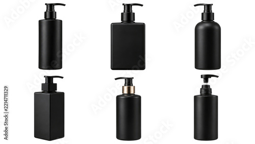 Six matte black pump bottles in various cylindrical and rectangular shapes arranged in two rows on a transparent background