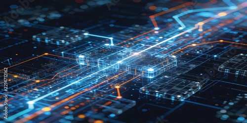 Electronic circuit board path with glowing orange and blue light trails symbolizes fast data processing and power energy.