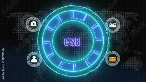 HUD elements animation displays corporate responsibility data on map. Sustainability data routes on HUD elements. Global governance systems feature elements.