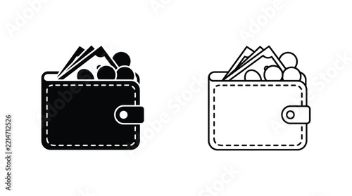 Wallet with currency a black and white line illustration