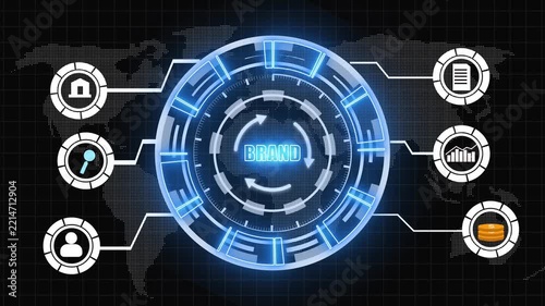 HUD interface animation links brand icons across network. Global telecom data routes through HUD interface. Planetary systems power active HUD interface.