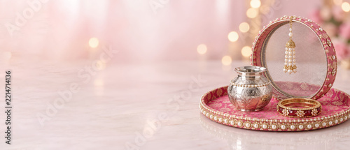 Karwa chauth puja thali with a silver water vessel, beaded pink sieve beside an offering bowl, copy space
