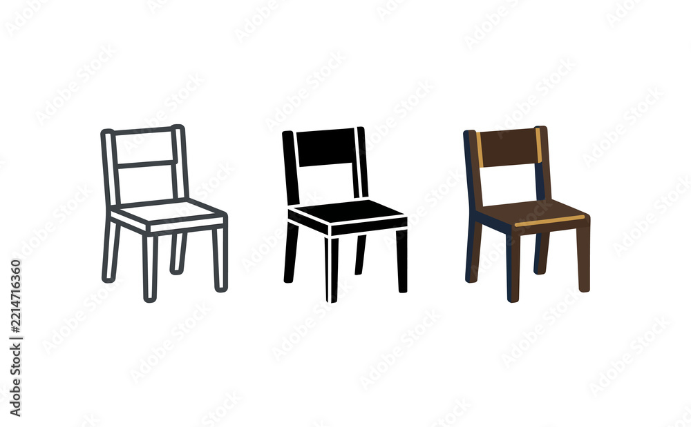 Fototapeta premium Three wooden chairs in outline solid and colored graphic style icons