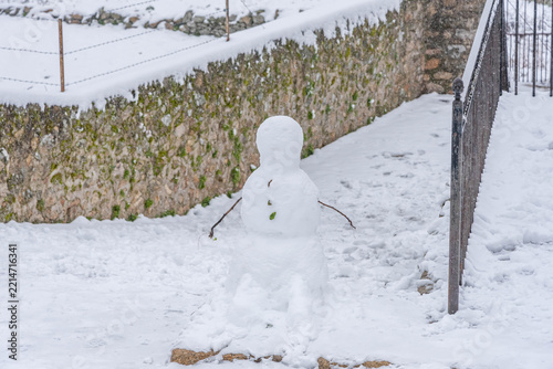 Snowman Standing by Stone Wall in Snowy Garden