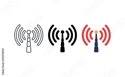 Three colorful antenna icons with signal waves for telecommunications