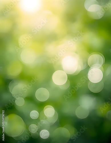 Abstract green bokeh background with soft light circles and blurred nature forest summer garden texture