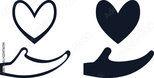 Minimalist heart in hand icons, black outline and solid silhouette charity symbols, donation and care vector graphics for web design