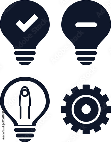 Minimalist light bulb icons set, creative idea and innovation symbols, black vector graphics for business brainstorming and problem solving
